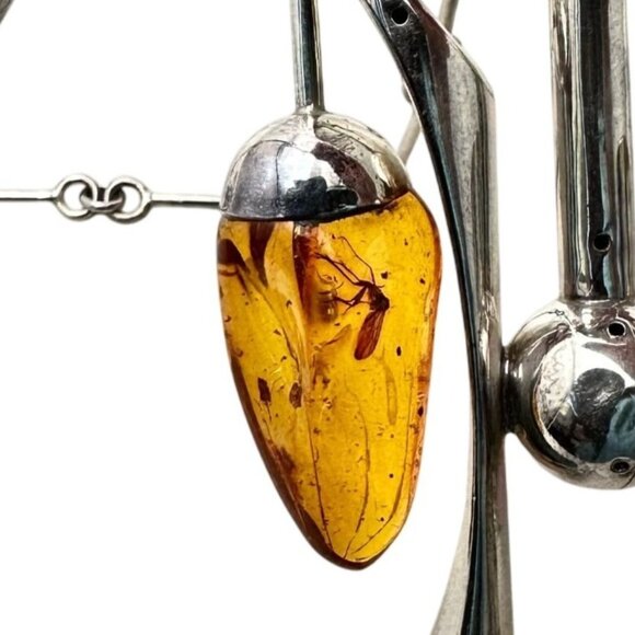 Unusual Rare Vintage Modernist Sterling Silver Amber Necklace 2 Bugs In Amber - Picture 6 of 6